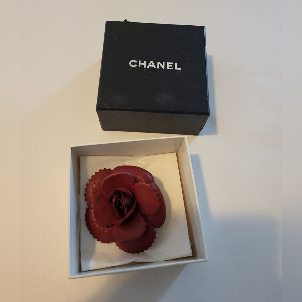 Authentic CHANEL Leather Camellia Corsage Brooch